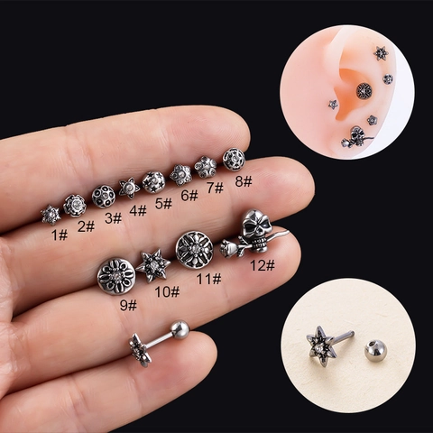 Roestvrijstalen Oorkraakbeen Stud Schedel Bloem Vintage Punk Piercing Met Schroefsluiting Bal