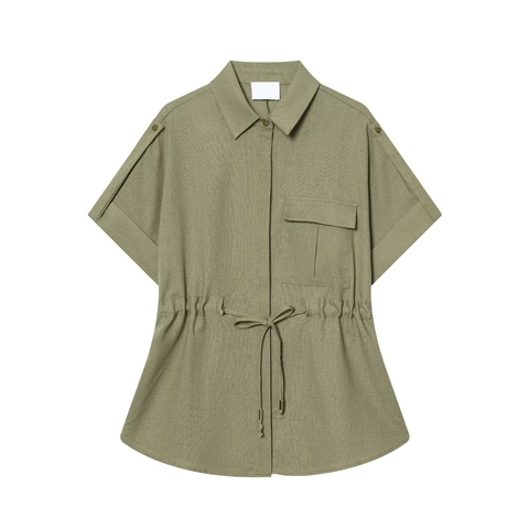 Women Outfits Polyester Short Sleeve Shirt And Wide Leg Pants Solid Color Drawstring Waist Cargo Style Casual Utility Wear