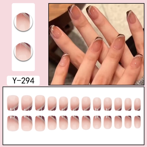 Glossy Press On Nails French Gradient Oblique Line Square Round Resin False Nails Simple Chic Manicure Decor