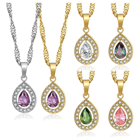 Wassertropfen Anhänger Halskette Edelstahl Birnenschliff Zirkonia Halo Wasserwellenkette Eleganter Schmuck Für Damen