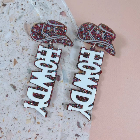 Orecchini Pendenti Western Cappello Da Cowboy Howdy Glitter Acrilico Strass Stile Punk Gioielli Per Donne