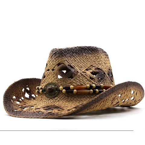 Cappello Da Cowboy Occidentale Di Paglia A Tesa Larga Cappello Da Sole Vintage Intreccio Di Carta Perline Etniche Turchese