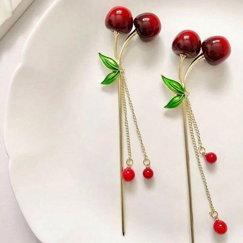 Bastoncino Per Capelli Ciliegia Frutta Nappina Forcina In Metallo Vintage Accessorio Per Capelli Da Donna