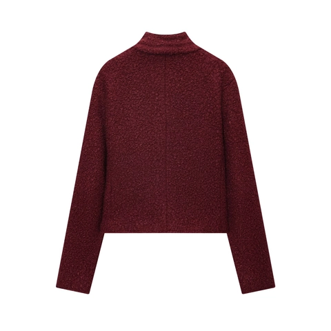 Dames Kort Jasje Donkerrood Lusgaren Polyester Knoopsluiting Klepzakken Franse Stijl Herfst Winter Retro Casual Mantel