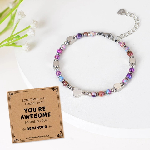 Natural Stone Beaded Bracelet With Stainless Steel Heart Charm Adjustable Handmade Jewelry Inspirational Card Gift For Women