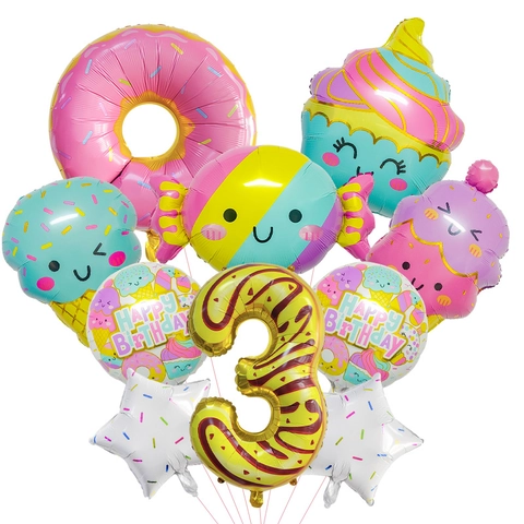 Buon Compleanno Palloncino in Alluminio a Forma di Gelato Ciambella Caramella Decorazione per Feste Bambini Dolce Dessert Stella Numero