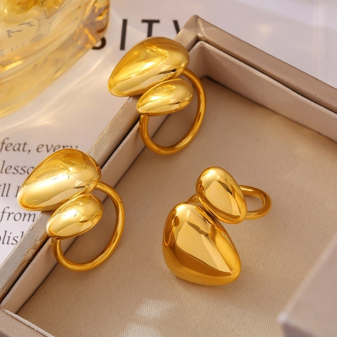 Minimalistischer Edelstahl Unregelmäßiger Kiesel Offener Ring Für Damen 18K Vergoldet Organische Bohnenform Verstellbarer Modeschmuck Ring