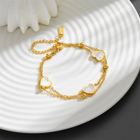 Bracciale A Doppio Strato Con Ciondolo A Cuore Acciaio Inossidabile Madreperla Bianca Placcato Oro Gioielli Per Donna