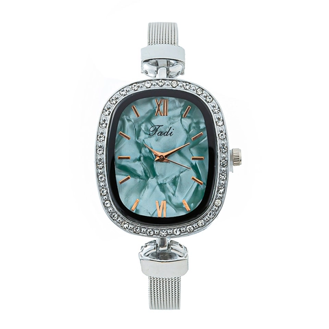 Elegant Women Quartz Watch Oval Marble Texture Dial Rhinestone Alloy Case Mesh Strap Korean Fashion Wristwatch