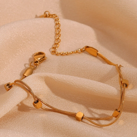 Minimalist Stainless Steel Double Layer Snake Chain Bracelet Gold Plated Cube Beads Link Adjustable Bracelet Fashion Jewelry For Women Commute