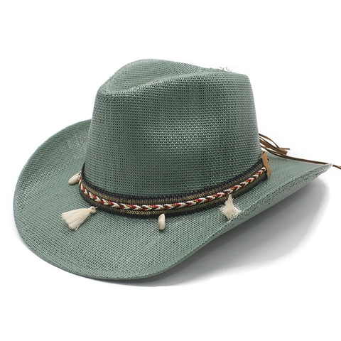 Western Cowboy Hat Woven Paper Straw Wide Brim Sun Protection Bohemian Ethnic Style With Shell Tassel Decor Women Men