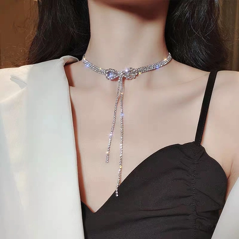 Luxurious Alloy Bowknot Rhinestone Tassel Choker Necklace For Women Elegant Gold Silver Pendant Chain Party Fashion Jewelry
