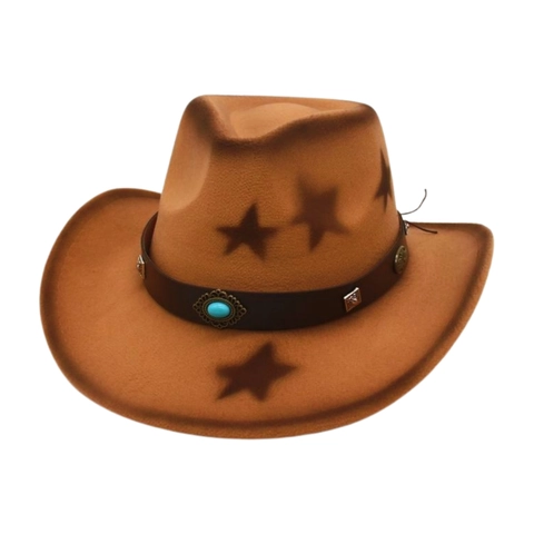 Western Cowboy Hat Cotton Polyester Star Pattern Vintage Wide Brim Felt Hat With Turquoise Leather Band For Unisex