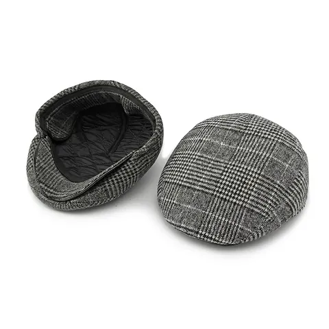 Mens Plaid Flat Cap With Ear Flaps Warm Quilted Lining Vintage Newsboy Hat Winter British Style Duckbill Cap Retro