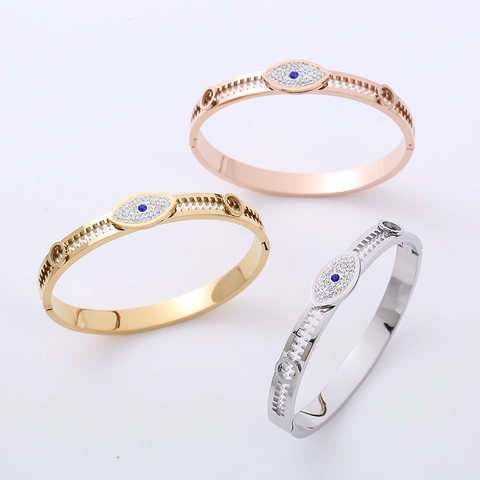Brazalete Ojo Turco Acero Inoxidable 304 Borde De Engranaje Hueco Con Cristales Joyería De Moda Para Mujer