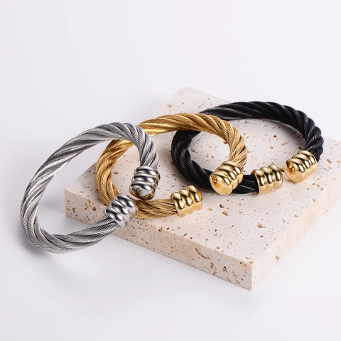 Twisted Cable Cuff Bracelet Stainless Steel Adjustable Open Bangle Industrial Hip Hop Style Men Women