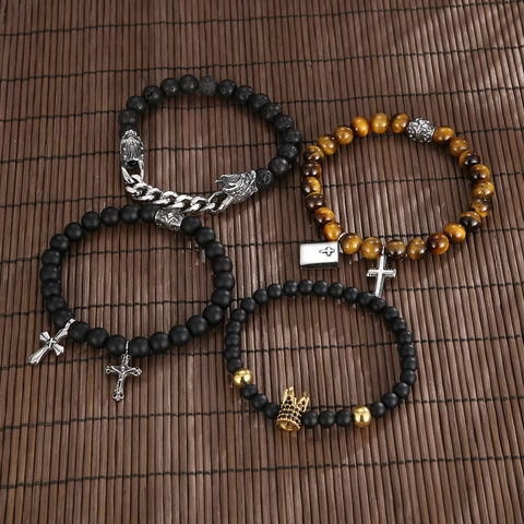 Bracciali Con Perline Da Uomo Occhio Di Tigre Naturale Agata Nera Pietra Lavica Ciondoli In Metallo Croce Corona Drago Gioielli Punk Vintage