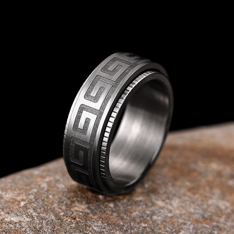 Stainless Steel Spinner Ring Greek Key Pattern Rotating Anxiety Relief Band Gear Edge Punk Vintage Jewelry For Men Women