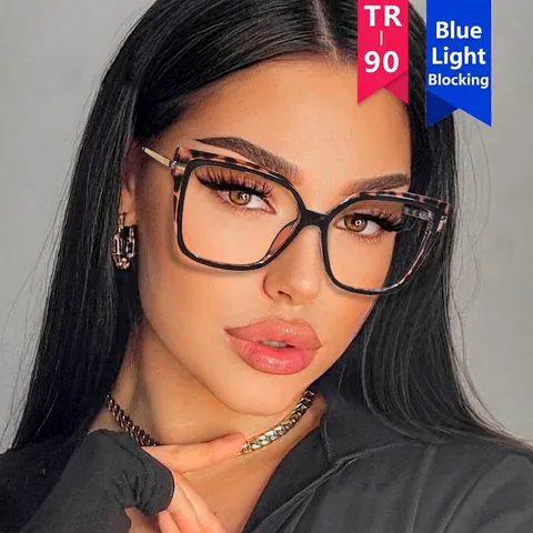 Women Anti Blue Light Blocking Glasses Square Cat Eye Large Frame TR90 Metal Material Retro Optical Eyeglasses Frame