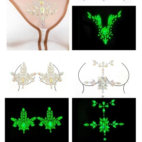 Noctilucent Glow In The Dark Breast Gem Stickers Self Adhesive Iridescent Rhinestone Body Art For Festival Rave Party