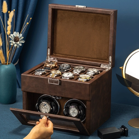 Automatischer Uhrenbeweger Box PU Leder Mehrere Aufbewahrungsfächer Blaue LED Leise Motor Transparentes Display Gehäuse