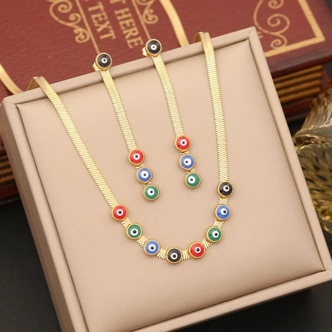 Evil Eye Schmuck Edelstahl Halskette Armband Ohrringe Bunte Emaille Flache Schlangenkette Trendiger Boho Für Frauen