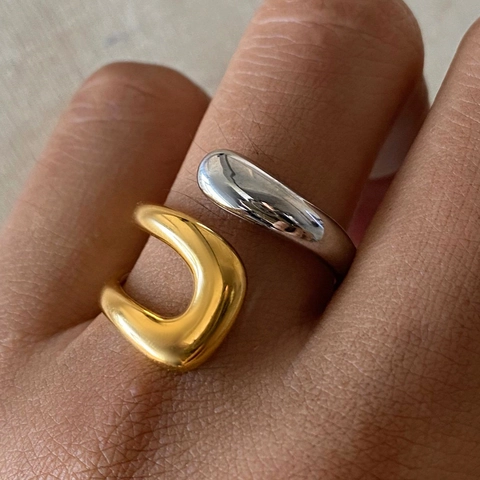 Adjustable Open Ring Stainless Steel 18K Gold Plated Two-Tone Contrast Color Irregular Wave Geometric Minimalist For Women