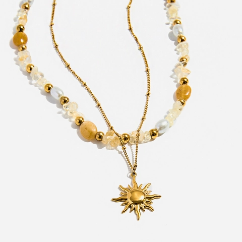 Collar de Doble Capa Bohemio Colgante de Sol Acero Inoxidable Chapado en Oro Perla Artificial Piedra Natural Joyería Vacaciones