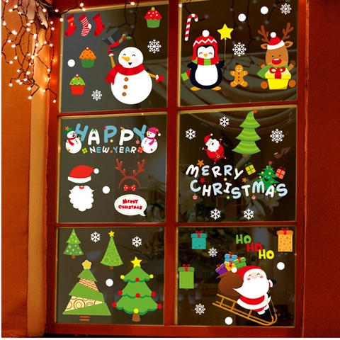 Christmas Window Stickers Static Clings PVC Reusable Santa Snowman Reindeer Decals For New Year Shop Glass Decoration