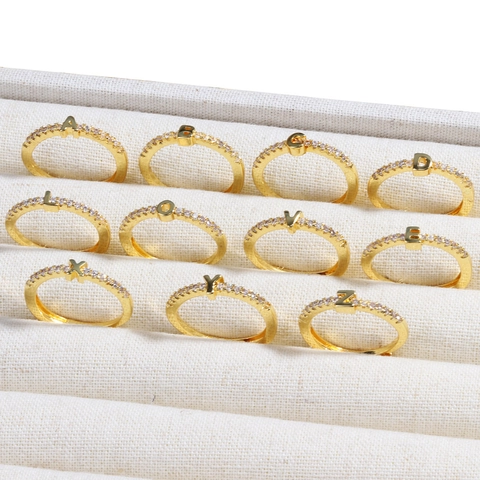 Initial Letter Ring Brass 18K Gold Plated Rhinestone Simple Adjustable Open Design Fashion Jewelry Women