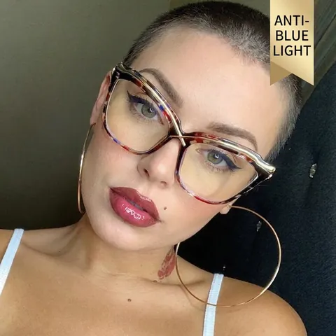 Katzenaugen Brille Anti Blaulicht Metall PC Rahmen Übergroß Retro Mode Klare Gläser Damen