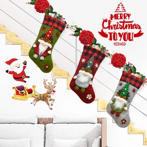 Christmas Stocking Gnome Faceless Doll Buffalo Plaid Hanging Holiday Decorative Gift Bag Fireplace Tree Ornament