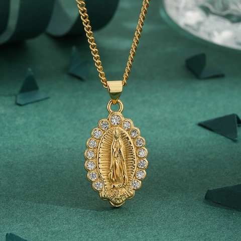 Collana Vintage Placcata Oro Con Pendente Ovale Vergine Maria Decorata Con Strass Bianchi Gioielli Religiosi Da Donna