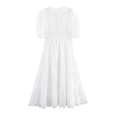 Witte Maxi Jurk Kant Patchwork V Hals Pofmouwen Hoge Taille Gelaagde Taartrok Elegant Zomer Vrouwen