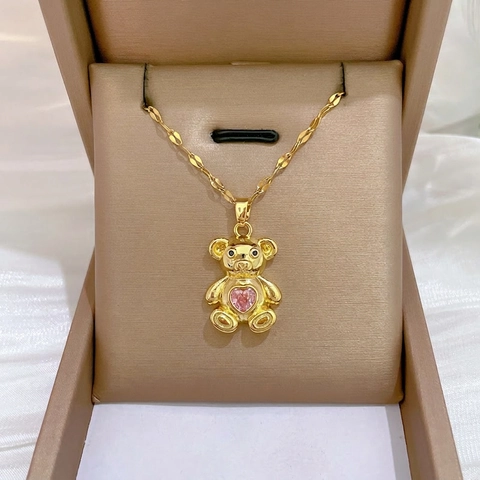 Luxus Edelstahl Bär Anhänger Halskette Für Damen Vergoldet Rosa Herz Strass Eingelegt Schlüsselbeinkette Schmuck
