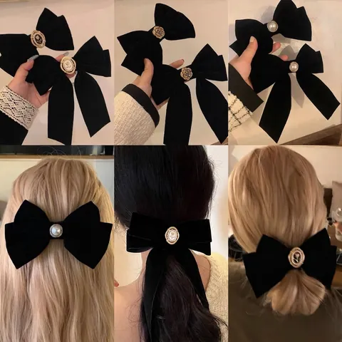 Fermaglio Per Capelli Con Fiocco In Velluto Vintage Stile Francese Nero Elegante Molletta A Molla Per Donna