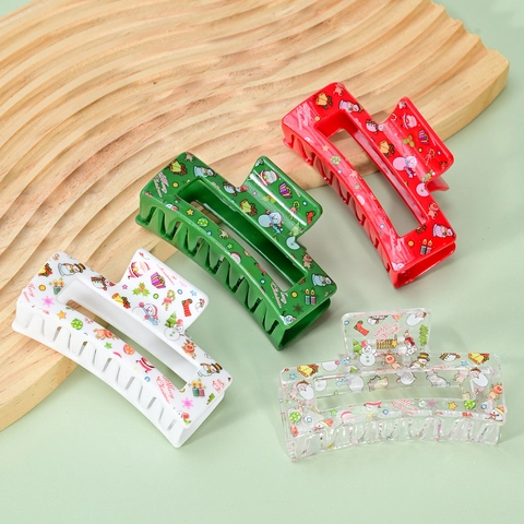 Christmas Hair Claw Clips Acrylic Plastic Printed Festive Santa Snowman Reindeer Pattern Holiday Hair Accessories
