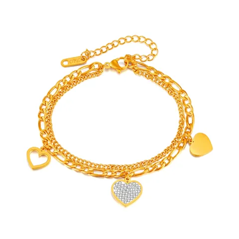 Stainless Steel Double Layer Heart Pendant Bracelet For Women Elegant Zirconia Hollow Heart Figaro Chain Fashion Jewelry Gift