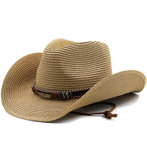 Chapeau De Cow-Boy En Paille À Bord Large Chapeau De Soleil De Plage Avec Plume En Métal Et Perles Cordon Réglable Unisexe