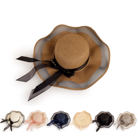 Cappello Da Sole In Paglia Da Donna Con Tesa Larga Ondulata Splicing In Rete E Fiocco In Nastro Elegante Cappello Da Spiaggia