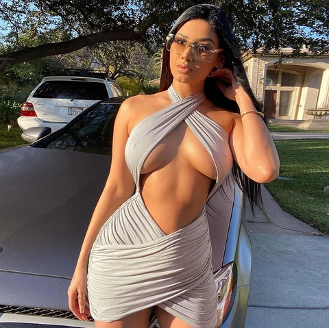 Halter Neck Ruched Mini Dress Backless Hollow Out Sexy Bodycon Polyester Spandex Sleeveless Solid Color Party Clubwear Women