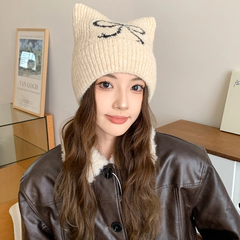 Berretto In Maglia Con Orecchie Di Gatto Per Donna Con Motivo Fiocco Caldo Inverno Esterno Stile Y2K Carino