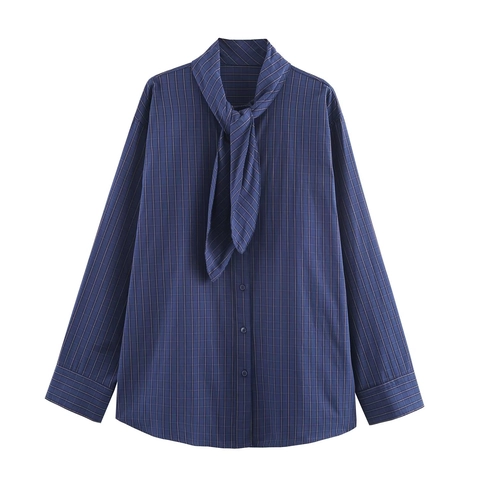 Damen Lose Kariert Schalkragen Langarm Hemd Casual Knopfleiste Polyester Pendler Bluse Oberteil Für Herbst