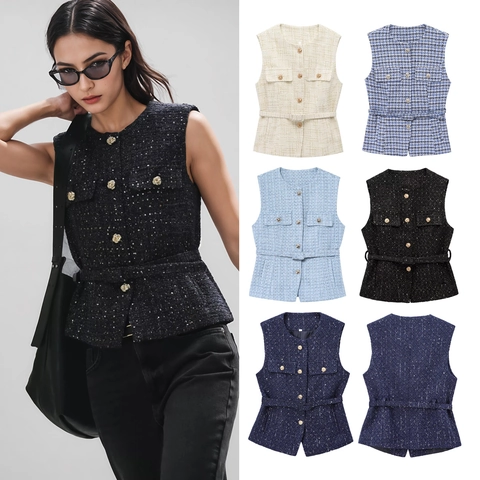 Women Tweed Vest Sleeveless Waistcoat With Belt Sequins Glitter Round Neck Elegant Vintage Style Button Down Outerwear