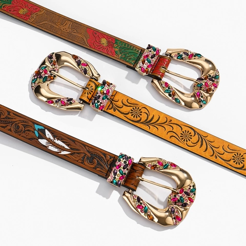 Women PU Leather Belt Embossed Floral Feather Pattern Gold Alloy Buckle Colorful Rhinestone Retro Western Bohemian Style