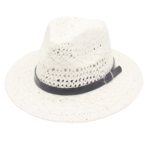 Classic Men Panama Straw Fedora Hat Hollow Woven Breathable Summer Beach Sun Protection Wide Flat Brim Vintage With Leather Belt
