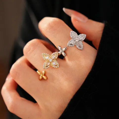 Open Ring Clover Flower Copper Zircon Marquise Adjustable Refined Elegant Luxury Fashion Accessory For Women