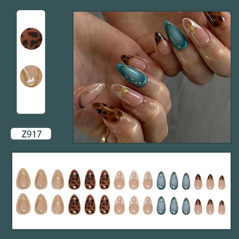 Retro Leopardenmuster Press On Nails ABS Kunststoff Blau Katzenauge Design Almond Künstliche Nägel Französischer Stil