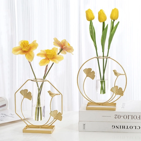 Vase De Culture Hydroponique En Métal Doré Avec Oiseau Et Feuille De Ginkgo Tube À Essai En Verre Décor De Bureau Nordique
