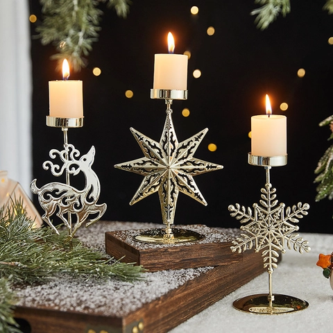 Christmas Candle Holder Metal Iron Reindeer Snowflake Star Tree Holiday Table Desktop Decoration Golden